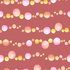 Pink horizaontal watercolor bubble garlands on burgundy background: tender seamless pattern, abstract wallpaper design, textile print.