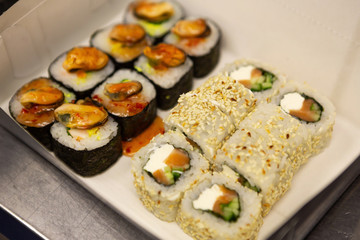 Fresh roll sets packed in boxes on the table