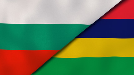 The flags of Bulgaria and Mauritius. News, reportage, business background. 3d illustration