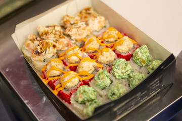 Fresh roll sets packed in boxes on the table