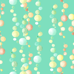 Green and brown watercolor bubble garlands on green background: tender seamless pattern, wallpaper design, abstract textile print.