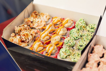 Fresh roll sets packed in boxes on the table