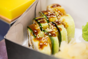 Fresh roll sets packed in boxes on the table