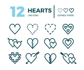 Obraz premium Hearts line icon set. Editable stroke. Minimal vector illustration. Set of thin icon. Simple outline signs of hearts. Vector design element.