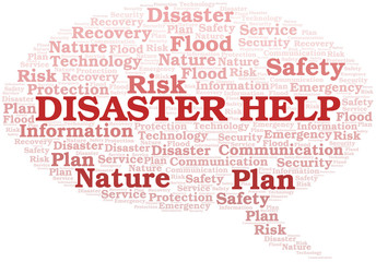 Disaster Help typography vector word cloud.