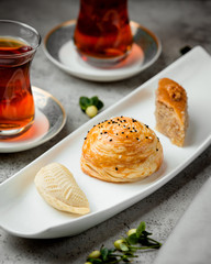 shekerbur, baklava, gogal and a cup of tea