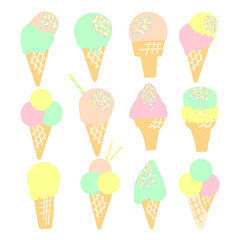 Set of ice cream cones in mint, pink and yellow colors, hand drawn vector illustration for print or web design