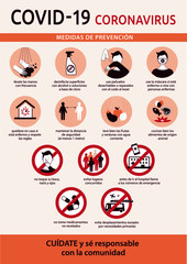 Infographics in spanish language on prevention measures for Coronavirus infection. Vectorial illustration about covid-19 pandemic: advices and safe behaviours to fight it.
