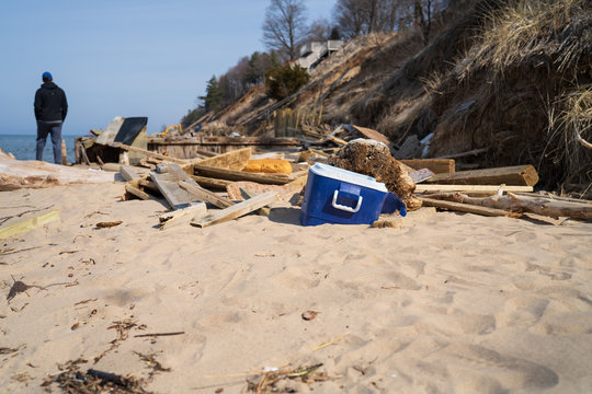 Debris from erosion on Lake Michigan beach