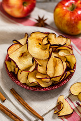Baked Red Apple Chips with Cinnamon. Selective focus.