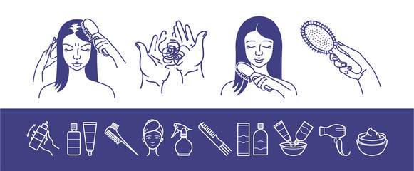 Hair loss problem. Hair loss woman vector illustration. Hair care and treatment icons set