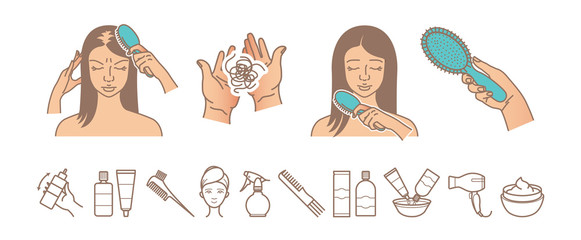 Hair loss problem. Hair loss woman vector illustration. Hair care and treatment icons