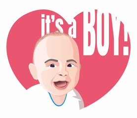 Smiling laughing baby. Face on a background of pink hearts. Poster for the birth of a boy