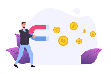 Investment  magnet, Business man holding a big magnet. Business growth concept . Vector illustration.