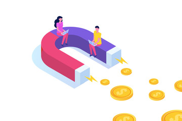 Investment attraction magnet, Business growth concept isometric. Vector illustration.
