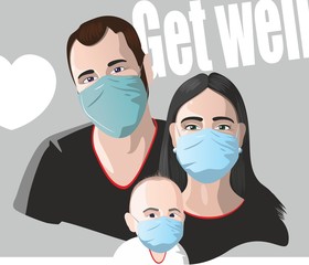 Family in medical masks. Cheerful mom, dad and baby on a gray background
