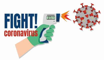 Hand in medical glove with infrared thermometer kills COVID-19 coronavirus. Vector illustration of a dangerous virus
