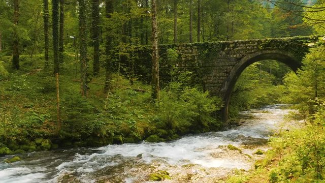 Beautiful place in Slovenia. Kamni&scaron;ka Bistrica Bridge. Blue water