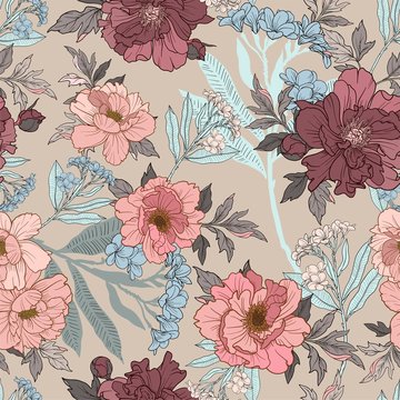Seamless floral pattern with oleander and piones. Decorative elegant floral background for surface design