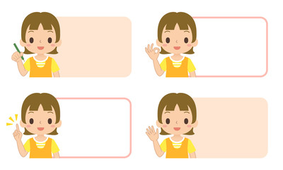 女の子のフレーム　指差し　OK　挙手　鉛筆