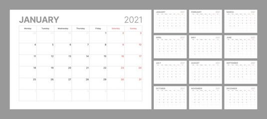 Wall calendar template for 2021 year. Planner diary in a minimalist style. Week Starts on Monday. Set of 12 Months. Ready for print.