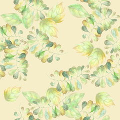 Pale-green watercolor leaves on pale-orange background: floral seamless pattern, tender wallpaper design and textile print.