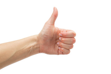 Top view: female hand with clean healthy skin on a white isolated background showing gestures