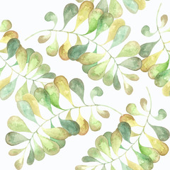 Pale green watercolor leaves on white background: floral seamless pattern, tender wallpaper design and textile print.