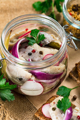 Pickled Marinated Herring with Spices, Radish and Red Onion on Wooden Background. Selective focus.