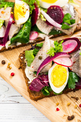 Pickled Marinated Herring and Beetroot Open Sandwich on Rye Bread. Traditional Danish Smorrebrod. Selective focus.