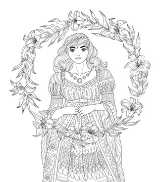 Coloring book for adults with medieval lady
