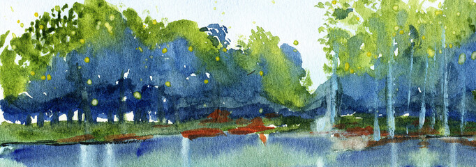 Blue Abstract watercolor hand painted landscape background. River coast with trees forest hand drawn illustration on textured paper. Horizontal banner concept.