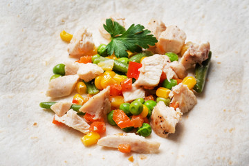 Stewed chicken with vegetables corn pepper tomato peas beans on tortillas. Filling for the Mexican dish quesadilla.