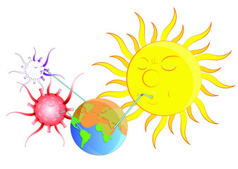 Corona Virus Big Problem for Earth and sun drinking all the water out of Earth vector Illustration, Fight Against Covid-19 Vector Art design Graphics post icon drawing coronavirus background poster