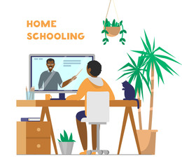 Afro-american kid sits at table and looks at teacher on screen. Home schooling or online learning concept. Flat vector illustration.