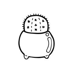 Vector illustration. Cute hand drawn cactus in a pot on white background. Element of the cozy home interior. Simple doodle clipart in a trendy minimalism style.