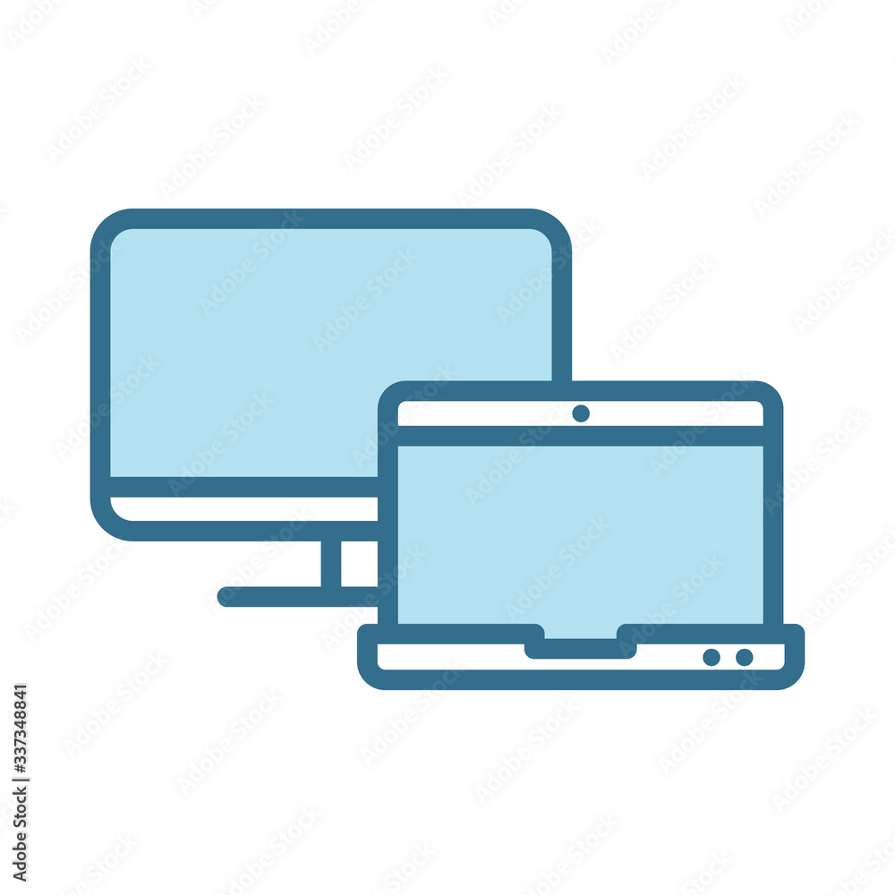 Poster pc monitor and laptop lineal blue icon isolated on white. smart devices technology flat vector icon 