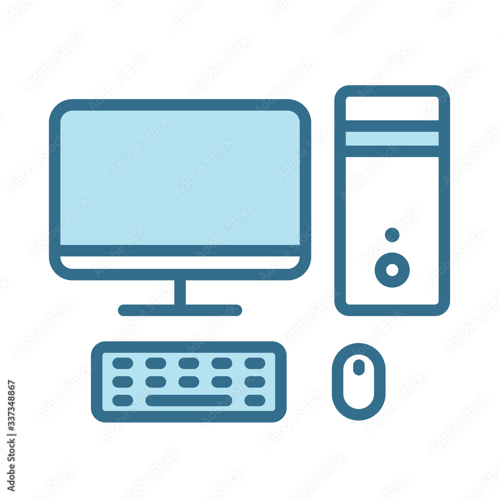 Poster desktop computer lineal blue icon isolated on white. smart device technology flat vector icon with b