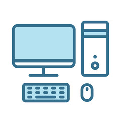 Desktop computer lineal blue icon isolated on white. Smart device technology flat vector icon with blue stroke for web and mobile apps, ui design and print. Computer color vector illustration