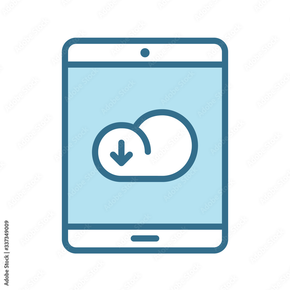 Poster downloading cloud on tablet lineal blue icon isolated on white. smart device technology flat vector 