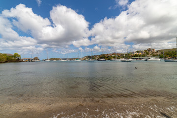 Saint Vincent and the Grenadines, boats on mooring in Blue Lagoon