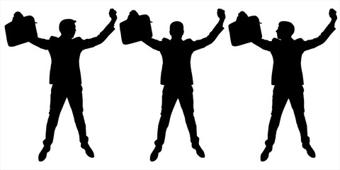 Teamwork. Office workers. Vector illustration male shadow with a suitcase. Two arms are raised high, emotions are joy. Businessman in a suit has achieved success. Head looks in three directions.