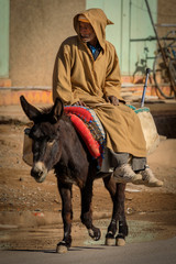 Alter Berber bekleidet mit einer Djellaba reitet auf einem  Esel  in Casablanca, Marokko