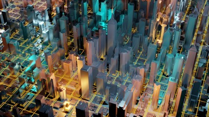 Digital 3d rendering city. Light trails symbolise data travelling in modern city. Flowing data particles and random shapes.