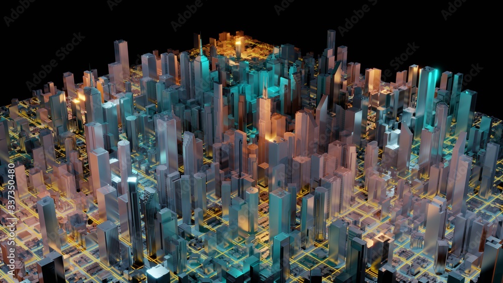 Poster digital abstract city made of glowing line light. business skyscrapers. architectural technology str