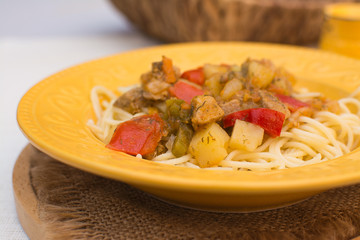 Lagman is a dish of Asian cuisine. Asian traditional lagman soup.