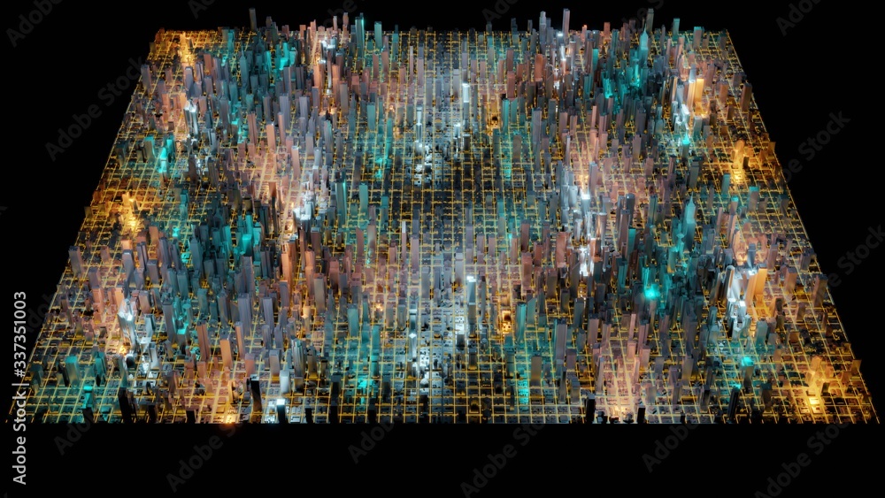 Poster digital abstract city made of glowing line light. business skyscrapers. architectural technology str