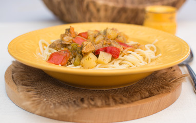 Lagman is a dish of Asian cuisine. Asian traditional lagman soup.