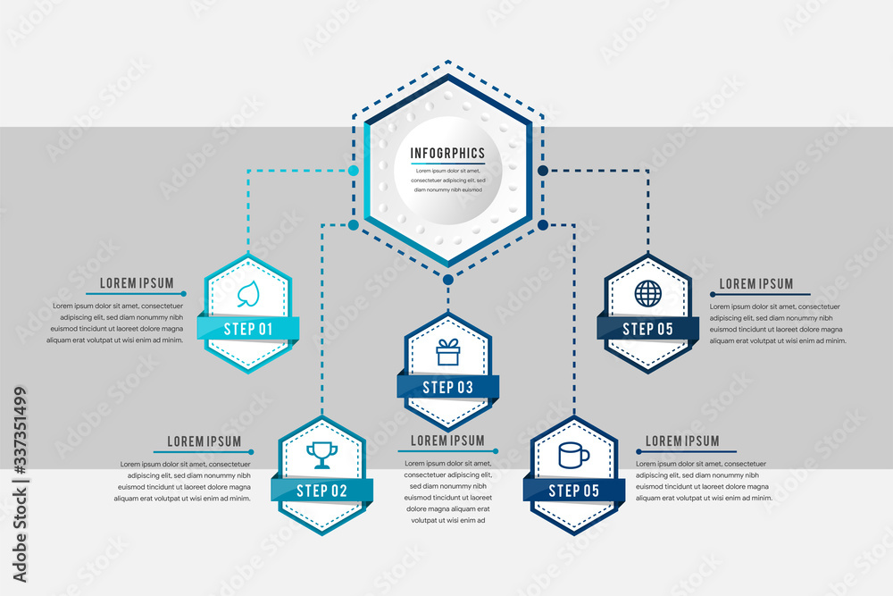 Poster five step minimal infographic templates, diagrams, and charts. circular and polygonal elements with 