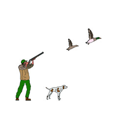 hunter man with spotted dog, shooting ducks flying, vector illustration